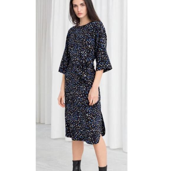 & Other Stories  Size: 0  Belted Polka Dot Midi Dress Fluid Viscose Flare Sleeve - Picture 1 of 13